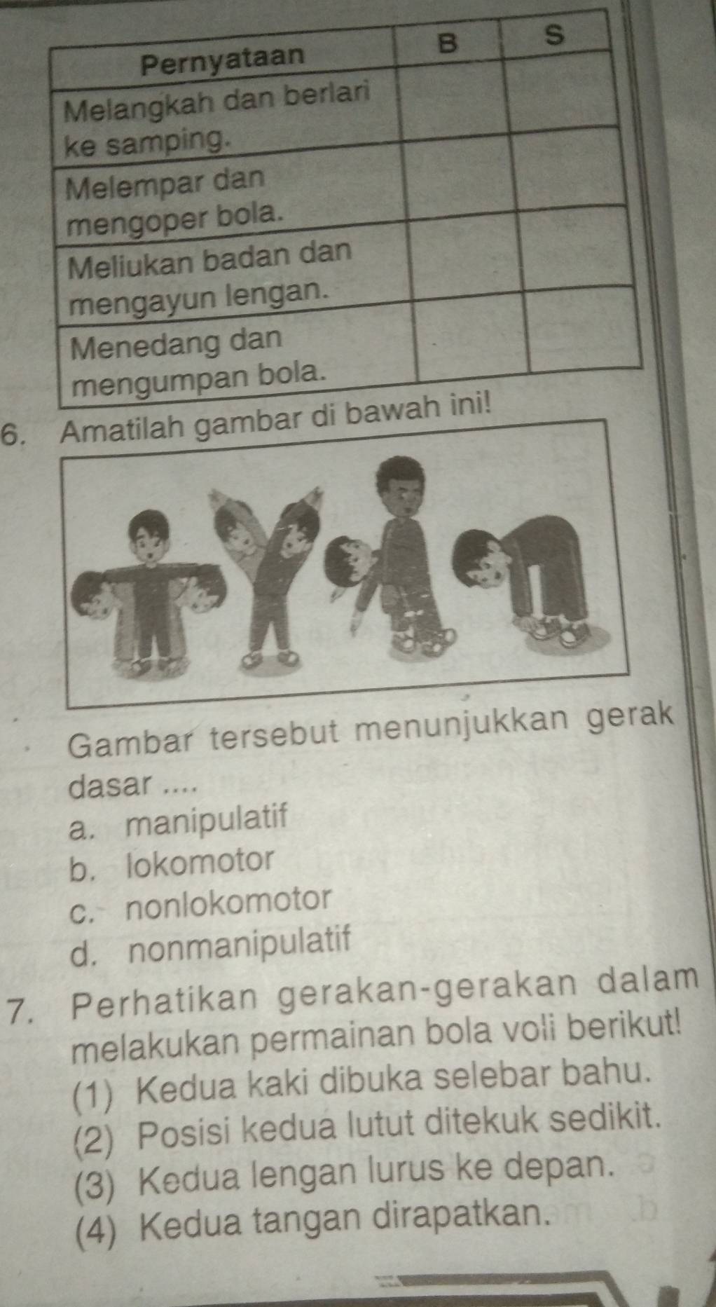 Gambar tersebut menunjukkan ger
dasar ....
a. manipulatif
b. lokomotor
c. nonlokomotor
d. nonmanipulatif
7. Perhatikan gerakan-gerakan dalam
melakukan permainan bola voli berikut!
(1) Kedua kaki dibuka selebar bahu.
(2) Posisi kedua lutut ditekuk sedikit.
(3) Kedua lengan lurus ke depan.
(4) Kedua tangan dirapatkan.