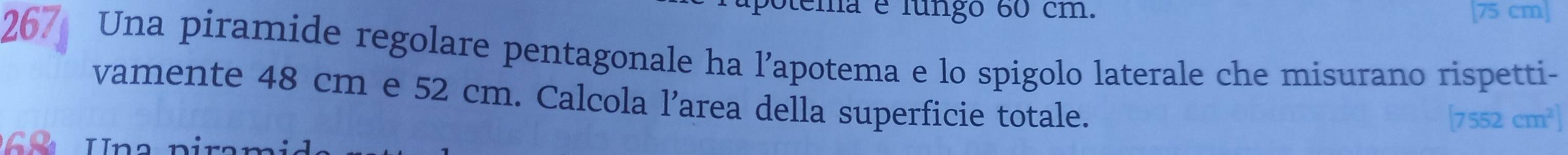 Sema é lungo 60 cm. [ 75 cm ] 
267 Una piramide regolare pentagonale ha l’apotema e lo spigolo laterale che misurano rispetti- 
vamente 48 cm e 52 cm. Calcola l’area della superficie totale.
[7552cm^2]