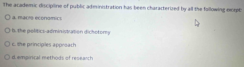 The academic discipline of public administration has been characterized by all the following except:
a. macro economics
b. the politics-administration dichotomy
c. the principles approach
d. empirical methods of research