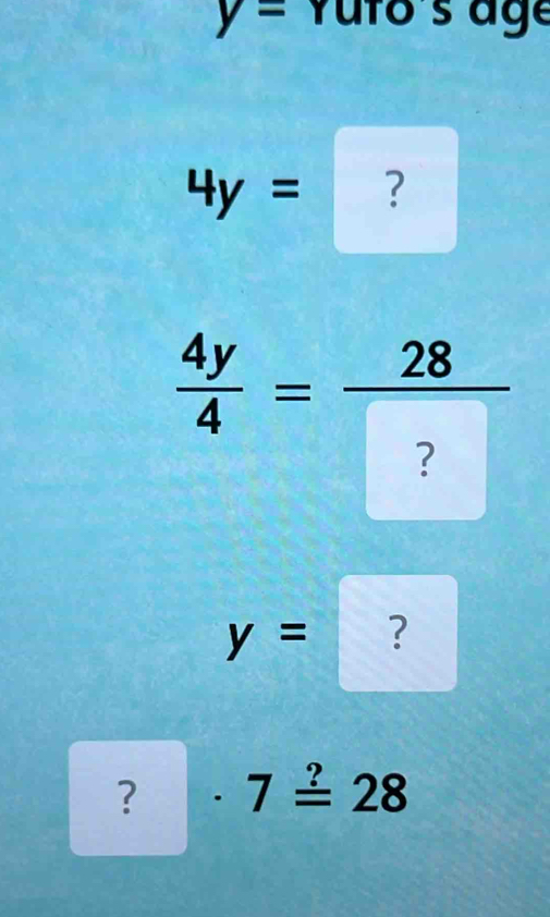 y= Yufo s age
4y= ？
 4y/4 =frac 28??
y= ? 
? . 7overset ?=28