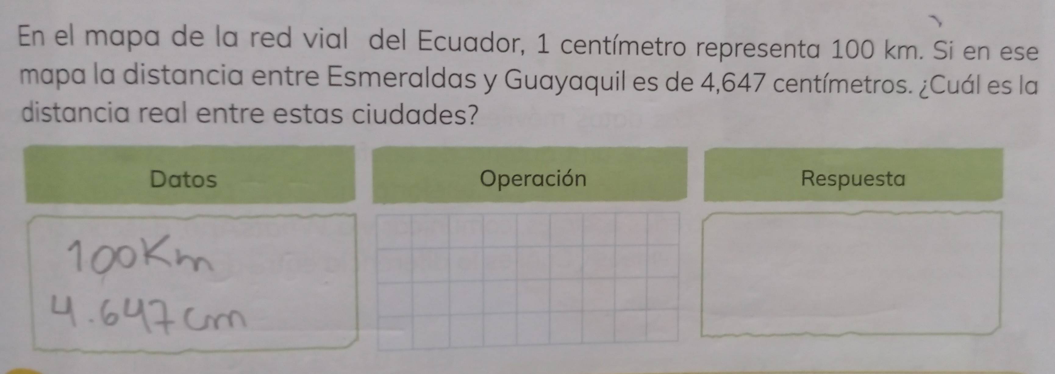 En el mapa de la red vial del Ecuador, 1 centímetro representa 100 km. Si en ese 
mapa la distancia entre Esmeraldas y Guayaquil es de 4,647 centímetros. ¿Cuál es la 
distancia real entre estas ciudades? 
Datos Operación Respuesta