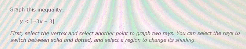 Graph this inequality:
y
First, select the vertex and select another point to graph two rays. You can select the rays to 
switch between solid and dotted, and select a region to change its shading.