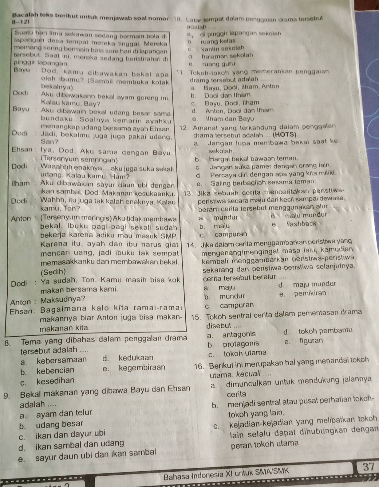 Bacalah teks berikut untuk menjawab soal nomor 10. Latar tempat dalam penggalan drama tersebut
8-12!
adalah
Suatu hari lima sekawan sedang bermain bola di a di pinggir lapangan sekolah
apangan desa tempat mereka tinggal. Mereka b ruang kelas
memang sering bermain bola sore hari di lapangan
c. kantin sekolah
tersebut. Saat ini, mereka sedang beristirahat di d. halaman sekolah
pinggir lapangan. e ruang guru
Bayu : Dod, kamu dibawakan bekal apa 11. Tokoh-tokoh yang memerankan penggalan
oleh ibumu? (Sambil membuka kotak drama tersebut adalah
bekalnya) a. Bayu, Dodi, Ilham, Anton
Dodi Aku dibawakann bekal ayam goreng ini. b. Dodi dan Ilham
Kalau kamu, Bay? c. Bayu, Dodi, Ilham
Bayu : Aku dibawain bekal udang besar sama d Anton, Dodi dan Ilham
bundaku. Soalnya kemarin ayahku e. Ilham dan Bayu
menangkap udang bersama ayah Ehsan. 12. Amanat yang terkandung dalam penggalan
Dodi : Jadi, bekalmu juga juga pakai udang, drama tersebut adalah ... (HOTS)
San?
a. Jangan lupa membawa bekal saat ke
Ehsan: Iya, Dod. Aku sama dengan Bayu. sekolah.
(Tersenyum semringah) b. Hargai bekal bawaan teman.
Dodi Waaahḥh enaknya... aku juga suka sekali c. Jangan suka pamer dengan orang lain.
udang. Kalau kamu, Ham? d. Percaya diri dengan apa yang kita miliki.
Ilham : Aku dibawakan sayur daun ubi dengan e. Saling berbagilah sesama teman.
ikan sambal, Dod. Makanan kesukaanku. 13. Jika sebuah cerita menceritakan peristiwa-
Dodi Wahhh, itu juga tak kalah enaknya. Kalau peristiwa secara maju dari kecil sampai dewasa,
kamu, Ton? berarti cerita tersebut menggunakan alur
Anton : (Tersenyum meringis) Aku tidak membawa a mundur d. maju mundur
bekal. Ibuku pagi-pagi sekali sudah b. maju
e. flashback
bekerja karena adiku mau masuk SMP. c campuran
Karena itu, ayah dan ibu harus giat 14. Jika dalam cerita menggambarkan peristiwa yang
mencari uang, jadi ibuku tak sempat mengenang/mengingat masa lalu, kemudian
memasakkanku dan membawakan bekal. kembali menggambarkan peristiwa-peristiwa
(Sedih) sekarang dan peristiwa-peristiwa selanjutnya,
Dodi : Ya sudah, Ton. Kamu masih bisa kok cerita tersebut beralur ....
makan bersama kami. a. maju d. maju mundur
Anton : Maksudnya? b. mundur e. pemikiran
Ehsan: Bagaimana kalo kîta ramai-ramai c. campuran
makannya biar Anton juga bisa makan- 15. Tokoh sentral cerita dalam pementasan drama
makanan kita. disebut …
8. Tema yang dibahas dalam penggalan drama a. antagonis d. tokoh pembantu
tersebut adalah .... b. protagonis e. figuran
a. kebersamaan d. kedukaan c. tokoh utama
b. kebencian e. kegembiraan 16. Berikut ini merupakan hal yang menandai tokoh
c. kesedihan utama, kecuali ....
9. Bekal makanan yang dibawa Bayu dan Ehsan a. dimunculkan untuk mendukung jalannya
cerita
adalah ....
a. ayam dan telur b. menjadi sentral atau pusat perhatian tokoh-
b. udang besar tokoh yang lain,
c. ikan dan dayur ubi c. kejadian-kejadian yang melibatkan tokoh
d. ikan sambal dan udang lain selalu dapat dihubungkan dengan
e. sayur daun ubi dan ikan sambal peran tokoh utama
              
Bahasa Indonesia XI untuk SMA/SMK
37