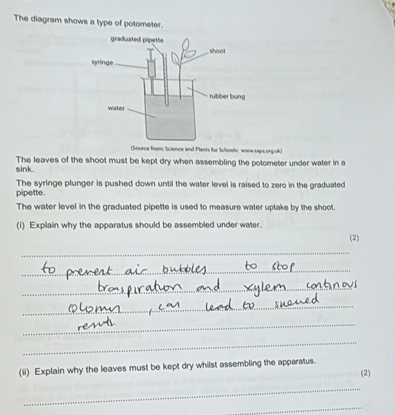 Solved: The diagram shows a type of potometer. (Source from: Science ...
