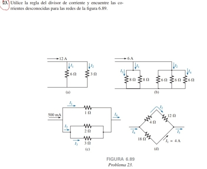 Utilice la regla del divisor de corriente y encuentre las co-
rrientes desconocidas para las redes de la figura 6.89.
(c) 
FIGURA 6.89
Problema 23.