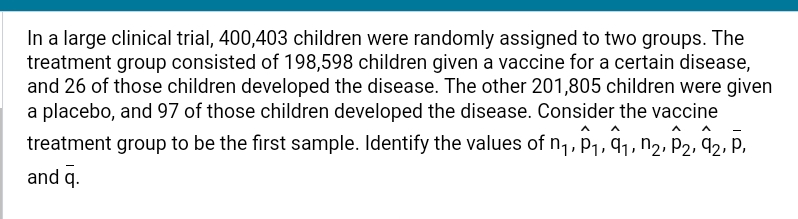 In a large clinical trial, 400,403 children were randomly assigned to two groups. The 
treatment group consisted of 198, 598 children given a vaccine for a certain disease, 
and 26 of those children developed the disease. The other 201,805 children were given 
a placebo, and 97 of those children developed the disease. Consider the vaccine 
treatment group to be the first sample. Identify the values of n_1, hat p_1, hat q_1, n_2, hat p_2, hat q_2, overline p, 
and overline q.