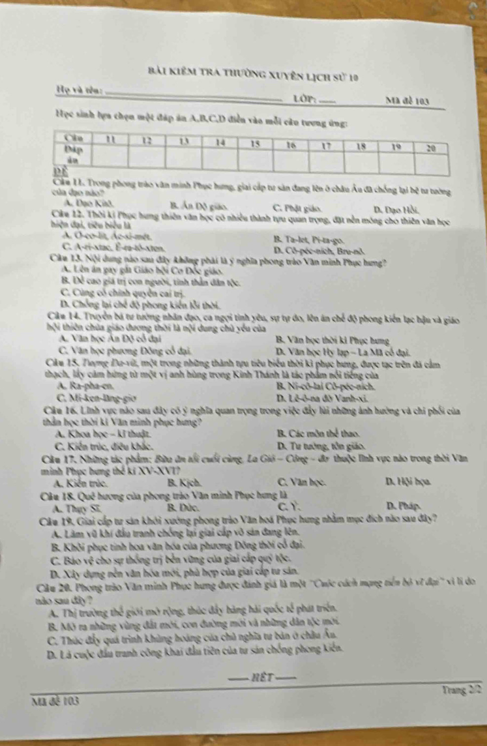 Bài kiêm tra thường xuyên lịch sử 10
Họ và tên: _LOP:_
Mã đễ 103
Học sinh lựa chọn một đáp ăn A,B,C,D điễn vào mỗi câu tư
u UL. Trong phong trào văn minh Phục hưng, giai cấp tư sản đang lên ở châu Âu đã chống lại bệ tư tướng
của đạo não?
A. Đạo Kiaô. B. Án Độ giáo C. Phật giáo. D. Đạo Hồi,
Câu 12. Thời kị Phục hưng thiên văn học cô nhiều thành tựu quan trọng, đặt nền mông cho thiên văn học
hiện đại, tiêu biểu là
A. O-co-lit, Ác-si-mét. B. Ta-let, Pi-ta-go.
C. A-ri-xtac, Ê-ra-tô-xten. D. Cô-péc-ních, Bru-nô.
Câu 13. Nội dung nào sau đây không phải là ý nghĩa phong trào Văn minh Phục hưng?
A. Lên ân gay gắt Giáo bội Cơ Đốc giáo.
B. Dể cao giá trị con người, tinh thần dân tộc.
C. Cùng có chính quyền cai trị.
D. Chống lại chế độ phong kiến lỗi thời.
Câu 14. Truyển bá tư tướng nhân đạo, ca ngợi tinh yêu, sự tự đo, lên án chế độ phong kiến lạc hậu và giáo
hội thiên chúa giáo đương thời là nội dung chủ yếu của
A. Văn học Ân Độ cổ đại B. Văn học thời ki Phục hưng
C. Văn học phương Đông cổ đại, D. Văn học Hy lạp - La Mã cố đại.
Cău 15, Tượng Đu-vũ, một trong những thành tựu tiêu biểu thời ki phục hưng, được tạc trên đã cầm
thạch, lấy cảm hứng từ một vị anh hùng trong Kinh Thánh là tác phẩm nổi tiếng của
A. Ra-pha-cn. B. Ni-cô-lai Cô-péc-ních.
C. Mi-ken-läng-giơ D. Lê-ô-na đỡ Vanh-xi.
Cậu 16. Lĩnh vực nào sau đây có ý nghĩa quan trọng trong việc đây lùi những ảnh hưởng và chi phối của
thần học thời ki Văn minh phục hưng?
A. Khoa học - kĩ thuật. B. Các môn thể thao.
C. Kiến trúc, điều khắc.  D. Tư tướng, tôn giáo.
Câu 17. Những tác phẩm; Bừu ăn tối cuối cùng, La Gió - Công - đơ thuộc lĩnh vực nào trong thời Văn
minh Phục bưng thế kí XV-XV1?
A. Kiến trúc. B. Kjch. C. Văn học. D. Hội họa
Câu 18. Quê hương của phong trào Văn minh Phục hưng là
A. Thy Sĩ. B. Đúc. C. Y. D. Pháp.
Câu 19, Giai cấp tr sản khởi xướng phong trào Văn hoá Phục hưng nhằm mục đích nào sau đây?
A. Làm vũ khí đầu tranh chống lại giai cấp vô sản đang lên.
B. Khởi phục tính hoa văn hóa của phương Đông thời cổ đại.
C. Báo vệ cho sự thống trị bên vũng của giai cấp quỹ tộc.
D. Xây dựng nền văn hóa mới, phủ hợp của giai cấp tư sản.
Cầu 20. Phong trào Văn minh Phục hưng được đánh giá là một ''Cuộc cách mạng tiển bộ vĩ đại'' vì li do
não sau dây ?
A. Thị trường thế giới mở rộng, thúc đẩy hàng hải quốc tế phát triển.
B. Mở ra những vùng đất mới, con đường mới và những dân tộc mới.
C. Thúc đẩy quá trình khủng hoáng của chủ nghĩa tư bản ở châu Âu.
D. Là cuộc đầu tranh công khai đầu tiên của tư sản chống phong kiến.
_Nết_
Mã đễ 103 Trang 2/2