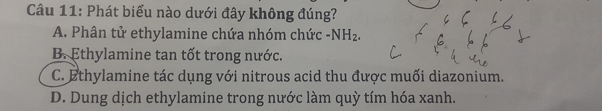 Phát biểu nào dưới đây không đúng?
A. Phân tử ethylamine chứa nhóm chức -NH_2.
B. Ethylamine tan tốt trong nước.
C. Ethylamine tác dụng với nitrous acid thu được muối diazonium.
D. Dung dịch ethylamine trong nước làm quỳ tím hóa xanh.