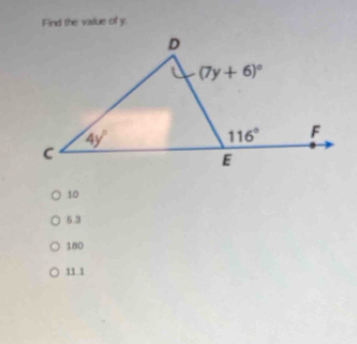 Find the vaiue of y.
10
5.3
180
11 1