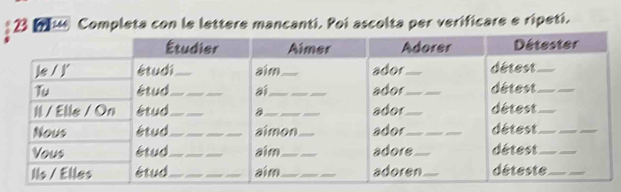 23 1 Completa con le lettere mancanti. Poi ascolta per verificare e ripetí.