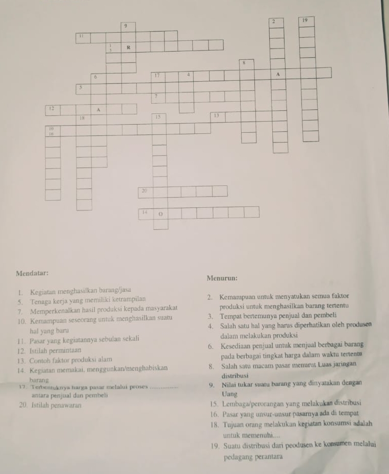 Mendatar: Menurun: 
L. Kegiatan menghasilkan barang/jasa 
5. Tenaga kerja yang memiliki ketrampilan 2. Kemampuan untuk menyatukan semua faktor 
7. Memperkenalkan hasil produksi kepada masyarakat produksi untuk menghasilkan barang tertentu 
10. Kemampuan seseorang untuk menghasilkan suatu 3. Tempat bertemunya penjual dan pembeli 
hal yang baru 4. Salah satu hal yang harus diperhatikan oleh produsen 
11. Pasar yang kegiatannya sebulan sekali dalam melakukan produksi 
12. Istilah permintaan 6. Kesediaan penjual untuk menjual berbagai barang 
13. Contoh faktor produksi alam pada berbagai tingkat harga dalam waktu tertent 
14. Kegiatan memakai, menggunkan/menghabiskan 8. Salah satu macam pasar menurut Luas jaringan 
barang distribusi 
17. Terbentuknya harga pasar melalui proses _9. Nilai tukar suatu barang yang dinyatakan deagan 
antara penjual dan pembeli Uang 
20. Istilah penawaran 15. Lembaga/perorangan yang melakukan distribusi 
16. Pasar yang unsur-unsur pasarnya ada di tempat 
18. Tujuan orang melakukan kegiatan konsumsi adalah 
untuk memenuhi.... 
19. Suatu distribusi dari peodusen ke konsumen melalui 
pedagang perantara