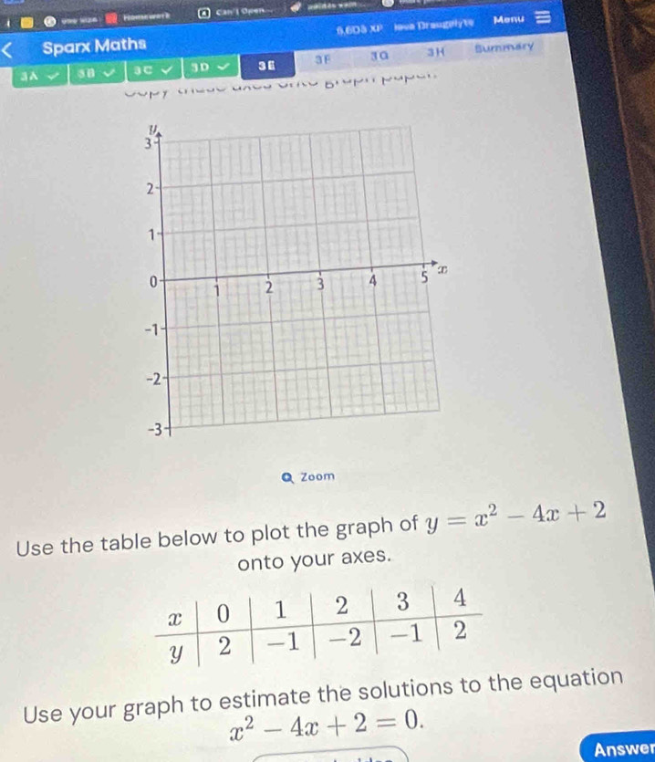 Homse wat i Can'l Open 
Sparx Maths 0.6D3 XP Iava Draugulyte Monu
3 A 3 C 3 D 36 3F 30 3H Summary 
'mM' mmm' 
Q Zoom 
Use the table below to plot the graph of y=x^2-4x+2
onto your axes. 
Use your graph to estimate the solutions to the equation
x^2-4x+2=0. 
Answer