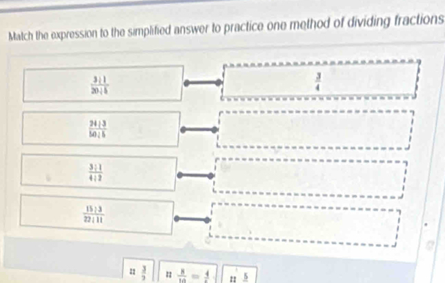 Match the expression to the simplified answer to practice one method of dividing fractions
 3:1/20:5 
 3/4 
 24:3/50:5 
 3:1/4:2 
 15:3/22:11 
:  3/2   8/10 =frac 4 :: _ 5