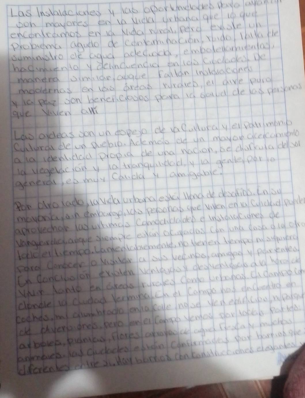 Las Instaldeloned y lao oporkneleyrep paye ayau
pon mayores en ta xnda Wrhana gue is gue
encontramos en id Mda rurcl, perd eysle u
problema agudo de canlahacion, Hudo lhlú te
suminstro dle agud adeduccd, emboleyarmgena,
hadmento y deinduendid enidù Ccoks be
manera similar abque Falian (nolduacionc)
modernas en las dreas rirdlep, el dire pyio
y ia pee on bener cooos paya id dold de lag persones
guve Vnven aw
Lao ardeas son un dopeso de vafullura y ei patr mony
Cuturat ce on puebib. Aclemat ad yn mayou cleekamumo
ala identcad propid de uha nachon, be charkua delal
la vegetac on y ia tranquiclac, y ia genle per e
generaleb myy Cancld x am,gable.
Por alre lado ta Vda urbana esta Wnd de desctios. In o0
mevena, on embargo, do peroonao gue viken en iu (uicled pupcle
aprovechar lay wrings Comeccalded e totdgcignes de
Vanquartle, adgue shemple eatary ocugladas (on une dosa d10 ofre
tolldel temp. Lanentahemente, no theren temepe ny suguserc
pare Congcer o Nuutar a bus veanes, apngn y pear sentes
Cn Concibolon exiotgn vonteschay desvehtdocs dv hore c
your Aabte en akees rraled Clamo Lrhenay. C dankeg con
clondie if Cucad VerinalEh et Campe hos encreding en
coohas, ml dunbrado eniacole nooe yeu ebd.cyoo wpatey
oe phyerbgnels, pero lanei Comeb yeres pew tokeb Rot tefes
atboves, pintas, florks aropeoc aguel Beafa A mychhs
amrbuer. lad Cudacesedran Contene dos poy barp,on ghe
dferenked chire 2. Hay berhed can hodsthochicned elegandesy