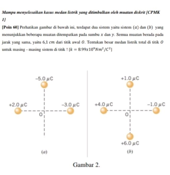 Mampu menyelesaikan kasus medan listrik yang ditimbulkan oleh muatan diskrit [ CPMK
1]
[Poin 60] Perhatikan gambar di bawah ini, terdapat dua sistem yaitu sistem (α) dan (b) yang
menunjukkan beberapa muatan ditempatkan pada sumbu x dan y. Semua muatan berada pada
jarak yang sama, yaitu 6,1 cm dari titik awal 0. Tentukan besar medan listrik total di titik 0
untuk masing - masing sistem di titik ! [k=8.99x10^9Nm^2/C^2]
-5.0μC +1.0μC
+2.0μC -3.0μC +4.0μC -1.0μC
0
0
+6.0μC
(a) (b)
Gambar 2.