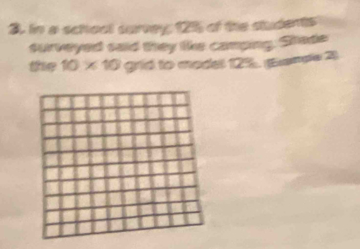 In a school sarvey; 25 of the students 
surveyed said they like camping. Shade 
the 10* 10 grid to model 12%. Eampe 2