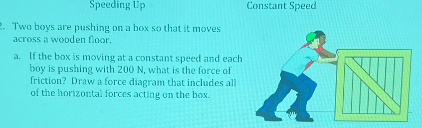 Speeding Up Constant Speed 
2. Two boys are pushing on a box so that it moves 
across a wooden floor. 
a. If the box is moving at a constant speed and each 
boy is pushing with 200 N, what is the force of 
friction? Draw a force diagram that includes all 
of the horizontal forces acting on the box.