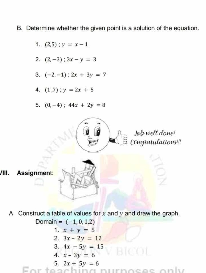 Determine whether the given point is a solution of the equation. 
1. (2,5); y=x-1
2. (2,-3); 3x-y=3
3. (-2,-1); 2x+3y=7
4. (1,7); y=2x+5
5. (0,-4); 44x+2y=8
VIII 
A. Construct a table of values for x and y and draw the graph. 
Domain =(-1,0,1,2)
1. x+y=5
2. 3x-2y=12
3. 4x-5y=15
4. x-3y=6
5. 2x+5y=6
Fort