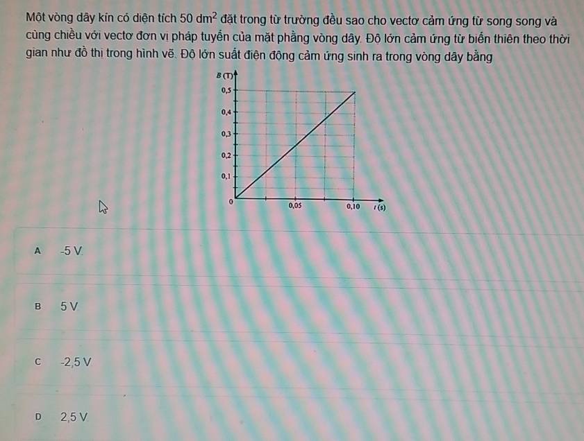 Một vòng dây kín có diện tích 50dm^2 đặt trong từ trường đều sao cho vectơ cảm ứng từ song song và
cùng chiều với vectơ đơn vị pháp tuyển của mặt phẳng vòng dây. Độ lớn cảm ứng từ biến thiên theo thời
gian như đồ thị trong hình vẽ. Độ lớn suất điện động cảm ứng sinh ra trong vòng dây bằng
A -5 V.
B 5 V
c -2,5 V
D 2,5 V