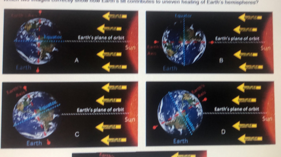 correctly show now Earth's till contributes to uneven healing of Earth's hemspheres? 


Equator Earth's plane of orbit 
Sun 
A 
Earth