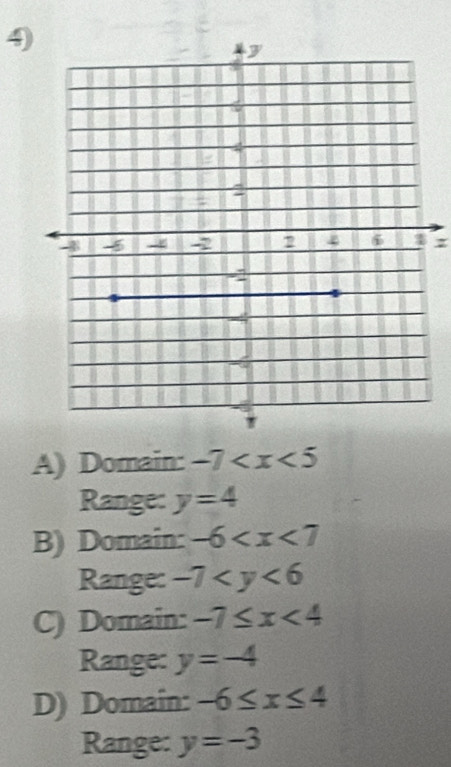 z
A) Domain: -7
Range: y=4
B) Domain: -6
Range: -7
C) Domain: -7≤ x<4</tex> 
Range: y=-4
D) Domain: -6≤ x≤ 4
Range: y=-3