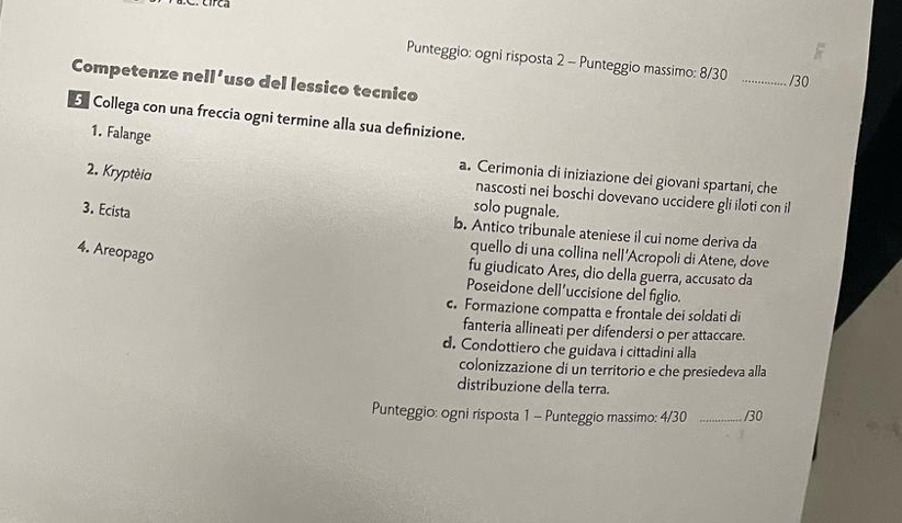 Punteggio: ogni risposta 2 - Punteggio massimo: 8/30 _/30
Competenze nel 1' uso del lessico tecnico
5 Collega con una freccia ogni termine alla sua definizione.
1. Falange
2. Kryptèia
a. Cerimonia di iniziazione dei giovani spartani, che
nascosti nei boschi dovevano uccidere gli iloti con il
solo pugnale.
3. Ecista b. Antico tribunale ateniese il cui nome deriva da
4. Areopago
quello di una collina nell'Acropoli di Atene, dove
fu giudicato Ares, dio della guerra, accusato da
Poseidone dell'uccisione del figlio.
c. Formazione compatta e frontale dei soldati di
fanteria allineati per difendersi o per attaccare.
d. Condottiero che guidava i cittadini alla
colonizzazione di un territorio e che presiedeva alla
distribuzione della terra.
Punteggio: ogni risposta 1 - Punteggio massimo: 4/30 _/30