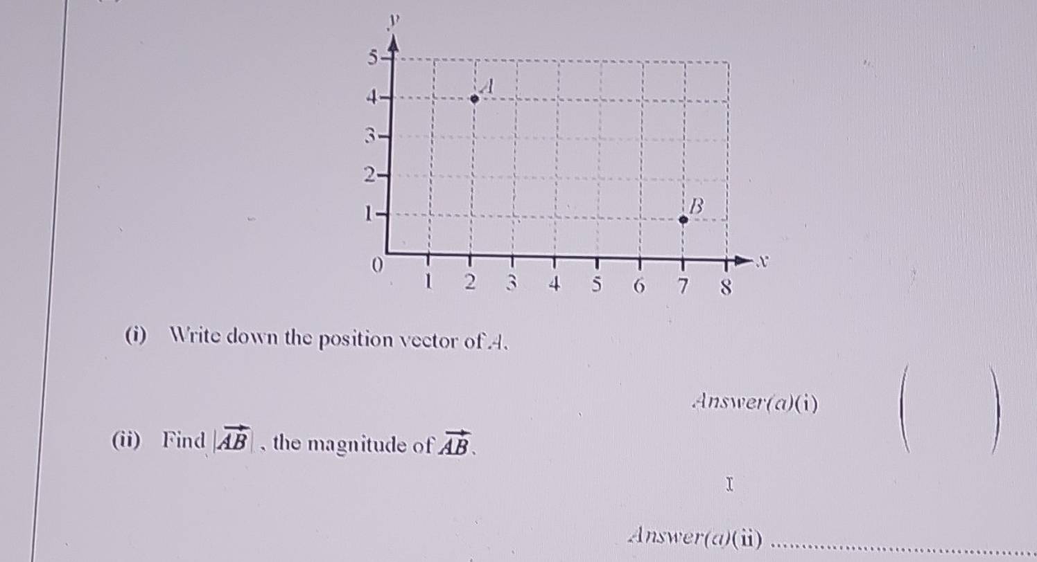 Write down the position vector of 4. 
Answer(a)(i) 
(ii) Find |vector AB| , the magnitude of vector AB. 
I 
Answer(a)(ⅱ)_