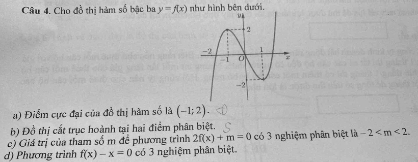 Cho đồ thị hàm số bậc ba y=f(x) như hình bên dưới. 
a) Điểm cực đại của đồ thị hàm số là (-1;2). 
b) Đồ thị cắt trục hoành tại hai điểm phân biệt. 
c) Giá trị của tham số m để phương trình 2f(x)+m=0 có 3 nghiệm phân biệt là -2 . 
d) Phương trình f(x)-x=0 có 3 nghiệm phân biệt.