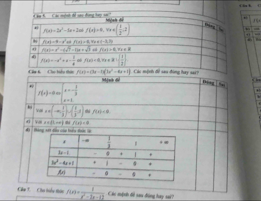 Cầu 8. C
n
ù
ới
Mệnh đề Câu
2) f(x)=0Leftrightarrow beginarrayl x=- 1/3  x=1.endarray.
Đúng Sai
a3
b
c
b) Với x∈ (-∈fty , 1/3 )∪ ( 1/3 ,1) thì f(x)<0.
e ị vá x∈ (1,+∈fty ) shì f(x)<0.
đ)   Bảng xét đầu của biểu thức là:
Câu 7. Cho hiệu thức f(x)= 1/x^2-2x-12  Các mệnh đề sau đúng hay sai?