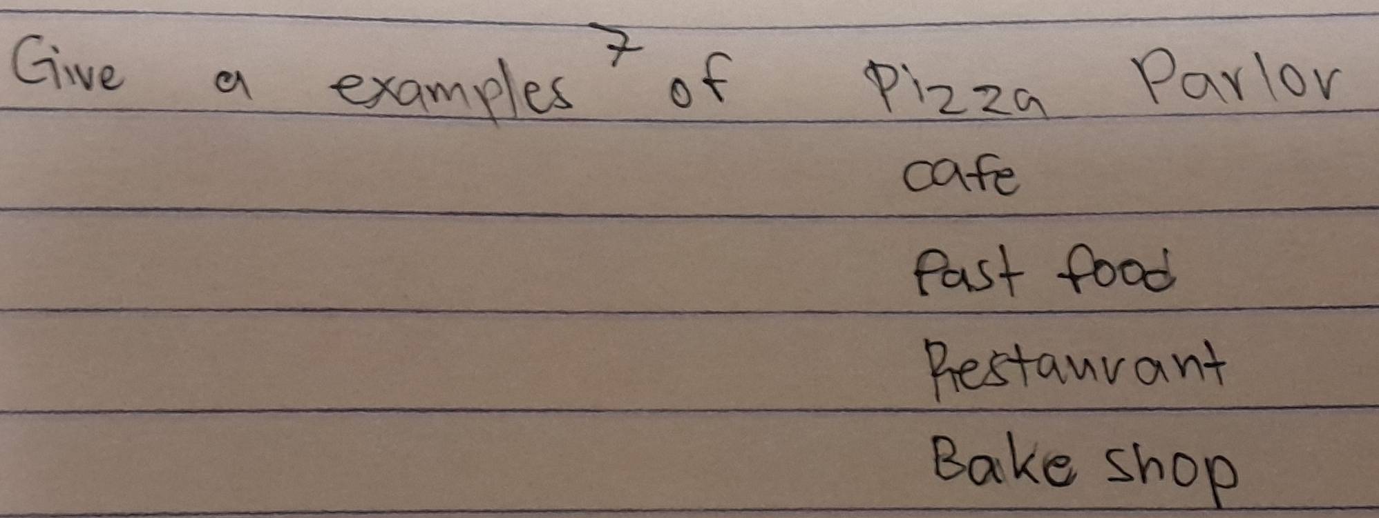 Solved: Give a examply e°f on pizza Parlor cafe Past food Brestauvant ...