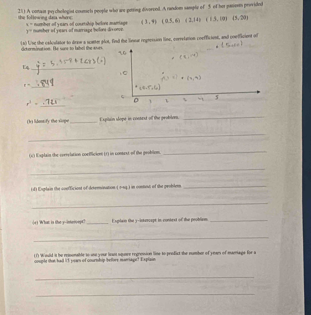 A certain psychologist counsels people who are getting divorced. A random sample of 5 of her patients provided 
the following data where:
x= number of years of courtship before marriage (3,9) (0.5,6) (2,14) (1.5,10)(5,20)
y= number of years of marriage before divorce. 
(a) Use the calculator to draw a scatter plot, find the linear regression line, correlation coefficient, and coefficient of 
determination. Be sure to label the axes 
Eq._
r= _
r^2= _ 
(b) Identify the slope _Explain slope in context of the problem. 
_ 
_ 
(c) Explain the correlation coefficient (r) in context of the problem. 
_ 
_ 
(d) Explain the coeflicient of determination ( r-sq.) in context of the problem._ 
_ 
(e) What is the y-intercept? _Explain the y-intercept in context of the problem_ 
_ 
(f) Would it be reasonable to use your least square regression line to predict the number of years of marriage for a 
couple that had 15 years of courtship before marriage? Explain 
_ 
_