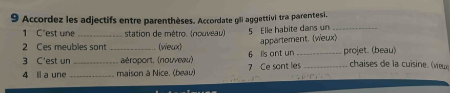 Accordez les adjectifs entre parenthèses. Accordate gli aggettivi tra parentesi. 
1 C'est une_ station de métro. (nouveau). 5 Elle habite dans un_ 
appartement. (vieux) 
2 Ces meubles sont _(vieux) 
3 C’est un aéroport. (nouveau) 6 Ils ont un _projet. (beau) 
4 ll a une __maison à Nice. (beau) 7 Ce sont les _chaises de la cuisine. (vieux