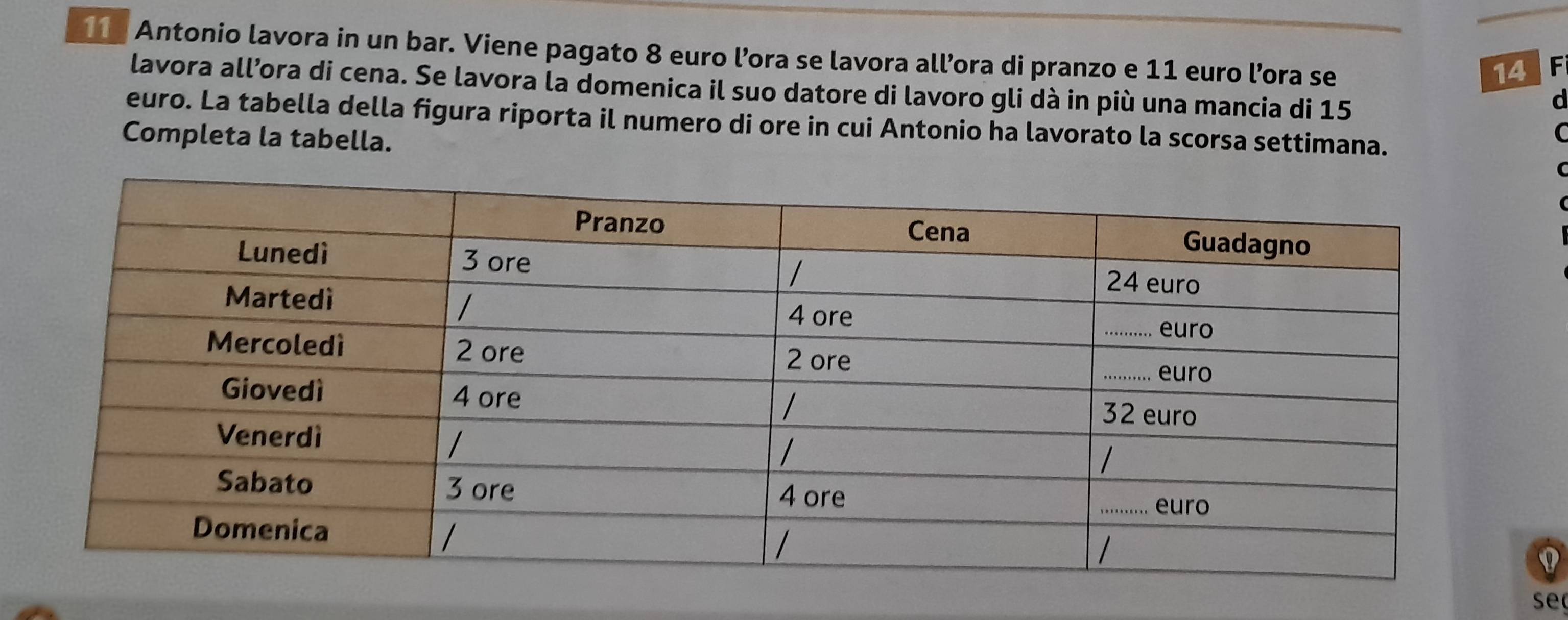 Antonio lavora in un bar. Viene pagato 8 euro l’ora se lavora allora di pranzo e 11 euro l’ora se
14 F 
lavora all’ora di cena. Se lavora la domenica il suo datore di lavoro gli dà in più una mancia di 15
d
euro. La tabella della figura riporta il numero di ore in cui Antonio ha lavorato la scorsa settimana. 
Completa la tabella. 
se