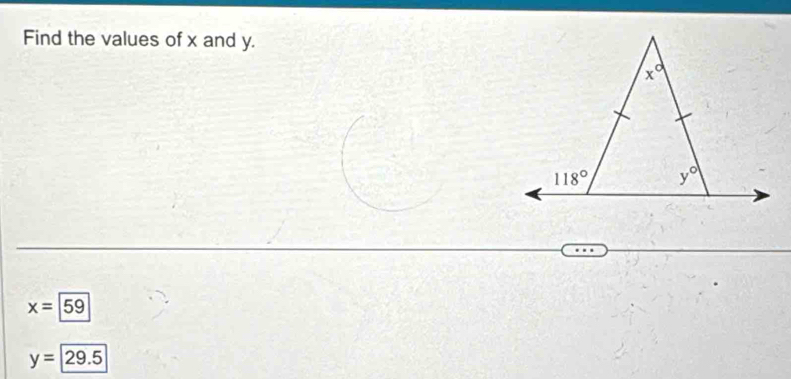 Find the values of x and y.
x=59
y=29.5