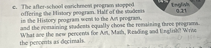 The after-school enrichment program stopped 14% English 
offering the History program. Half of the students 0.21
in the History program went to the Art program, 
and the remaining students equally chose the remaining three programs. 
What are the new percents for Art, Math, Reading and English? Write 
the percents as decimals.