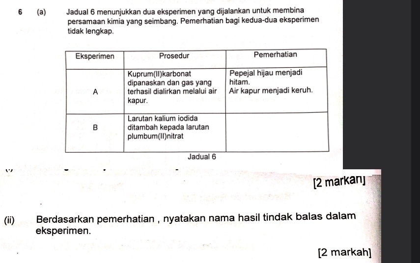 6 (a) Jadual 6 menunjukkan dua eksperimen yang dijalankan untuk membina 
persamaan kimia yang seimbang. Pemerhatian bagi kedua-dua eksperimen 
tidak lengkap. 
[2 markan] 
(ii) Berdasarkan pemerhatian , nyatakan nama hasil tindak balas dalam 
eksperimen. 
[2 markah]