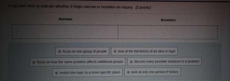 Solved: Drag each item to indicate whether it helps narrow or broaden ...
