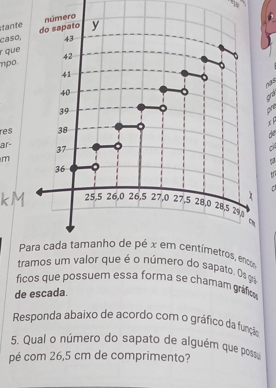 ejai 
tante número 
do sapato y 
caso, 43
r que
42
npo.
41
nas
40
grá
39
pre 
xp 
res 38
de 
ar-
37 cia 
m 
ta
36
tr 
C
25, 5 26, 0 26, 5 27 0 27 , 5 28, 0 28, 5 29,0
cm
Para cada tamanho de pé x em centímetros, encon 
tramos um valor que é o número do sapato. Os grá 
ficos que possuem essa forma se chamam gráficos 
de escada. 
Responda abaixo de acordo com o gráfico da função 
5. Qual o número do sapato de alguém que possui 
pé com 26,5 cm de comprimento?