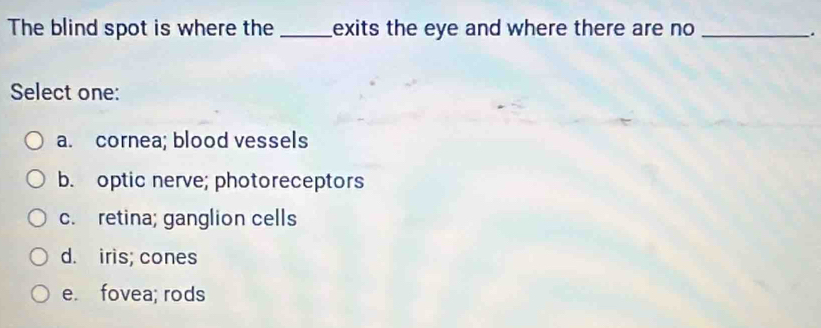 The blind spot is where the _exits the eye and where there are no_
Select one:
a. cornea; blood vessels
b. optic nerve; photoreceptors
c. retina; ganglion cells
d. iris; cones
e. fovea; rods