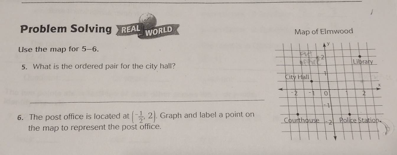 Problem Solving REAL 
WORLD 
Map of Elmwood 
Use the map for 5-6. 
5. What is the ordered pair for the city hall? 
_ 
6. The post office is located at (- 1/2 ,2). Graph and label a point on 
the map to represent the post office.