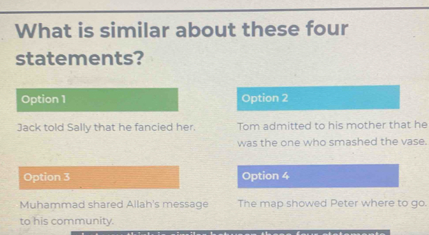 What is similar about these four
statements?
Option 1 Option 2
Jack told Sally that he fancied her. Tom admitted to his mother that he
was the one who smashed the vase.
Option 3 Option 4
Muhammad shared Allah's message The map showed Peter where to go.
to his community.