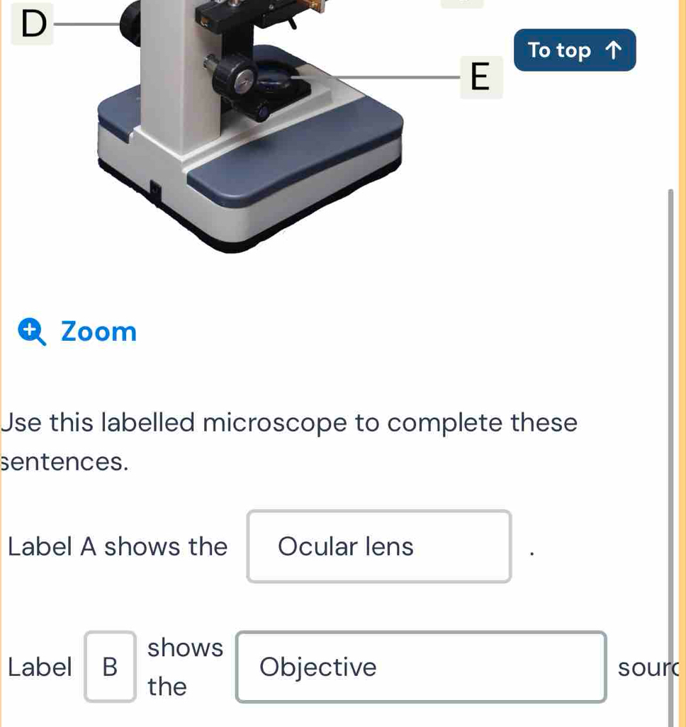 Zoom 
Use this labelled microscope to complete these 
sentences. 
Label A shows the Ocular lens 
shows 
Objective sourc 
Label B the