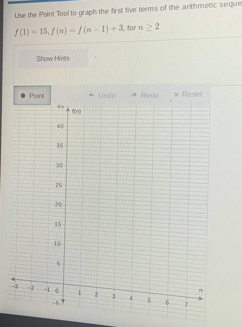 Use the Point Tool to graph the first five terms of the arithmetic seque
f(1)=15,f(n)=f(n-1)+3 , for n≥ 2
Show Hints
Point Undo Redo × Reset