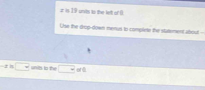 z is 19 units to the left of 0. 
Use the drop-down merus to complete the statement about --
-z 5 units to the of ()