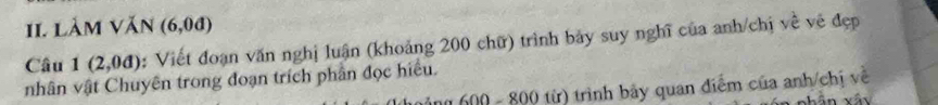 làm văn (6,0d)
Câu 1(2,0d) : Viết đoạn văn nghị luận (khoảng 200 chữ) trình bảy suy nghĩ của anh/chị về vệ đẹp 
nhân vật Chuyên trong đoạn trích phần đọc hiểu. 
n 600 - 800 từ) trình bảy quan điểm của anh/chị về 
hân vấn