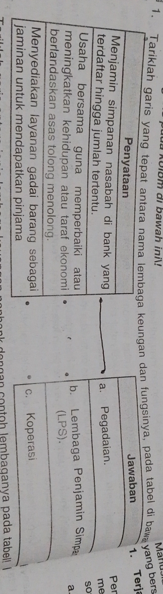 da kolom di bawah ini! 
1. Tariklah gungan ada tabel di bawang bers Manu 
erja 
Per 
me 
so 
a 
co ntoh lembaganya pada tabell