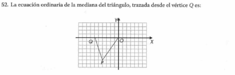 La ecuación ordinaria de la mediana del triángulo, trazada desde el vértice Q es: