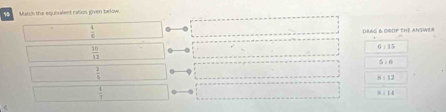 Match the equivalent ratios given below.
 4/6 
DRAG & DROP THE ANSWER
 10/12 
6:15
5:6
 2/5 
8:12
 4/7 
B:14