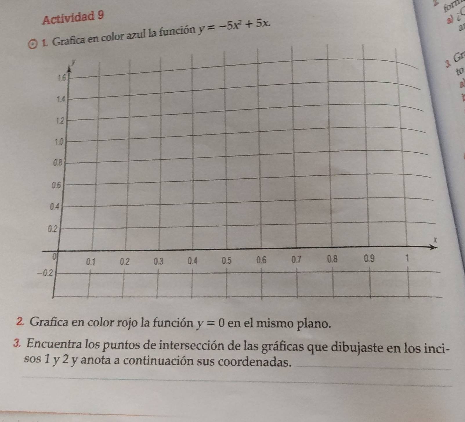 form 
Actividad 9 ai 
1. Grafica en color azul la función y=-5x^2+5x. 
a 
3 Gr 
to 
a 
1 
2. Grafica en color rojo la función y=0 en el mismo plano. 
3. Encuentra los puntos de intersección de las gráficas que dibujaste en los inci- 
sos 1 y 2 y anota a continuación sus coordenadas.