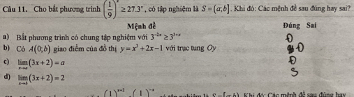 Cho bắt phương trình ( 1/9 )^x≥ 27.3^x , có tập nghiệm là S=(a,b]. Khi đó: Các mệnh đề sau đúng hay sai?
Mệnh đề Đúng Sai
a) Bất phương trình có chung tập nghiệm với 3^(-2x)≥ 3^(3+x)
b) Có A(0;b) giao điểm của đồ thị y=x^3+2x-1 với trục tung Oy
c) limlimits _xto a(3x+2)=a
d) limlimits _xto b(3x+2)=2
(1)^x+2(1)^-x C-(-ab) Khi đóc Các mệnh đề sau đúng hay